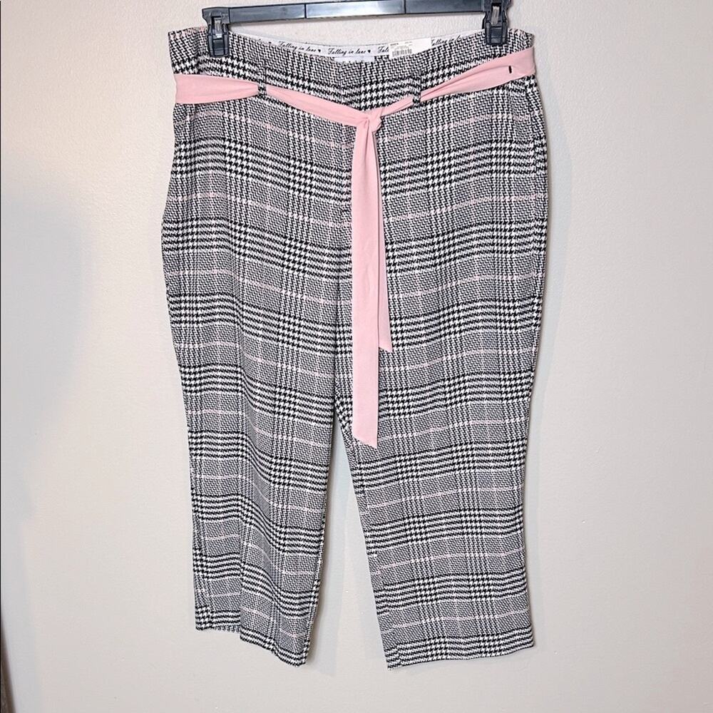 NWT Elle black white pink houndstooth sash belt wide leg crop pants